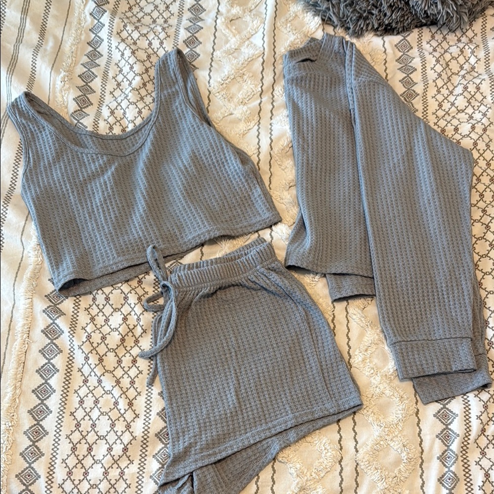 SHEIN Gray Ribbed Pajama Set Intimates & Sleepwear